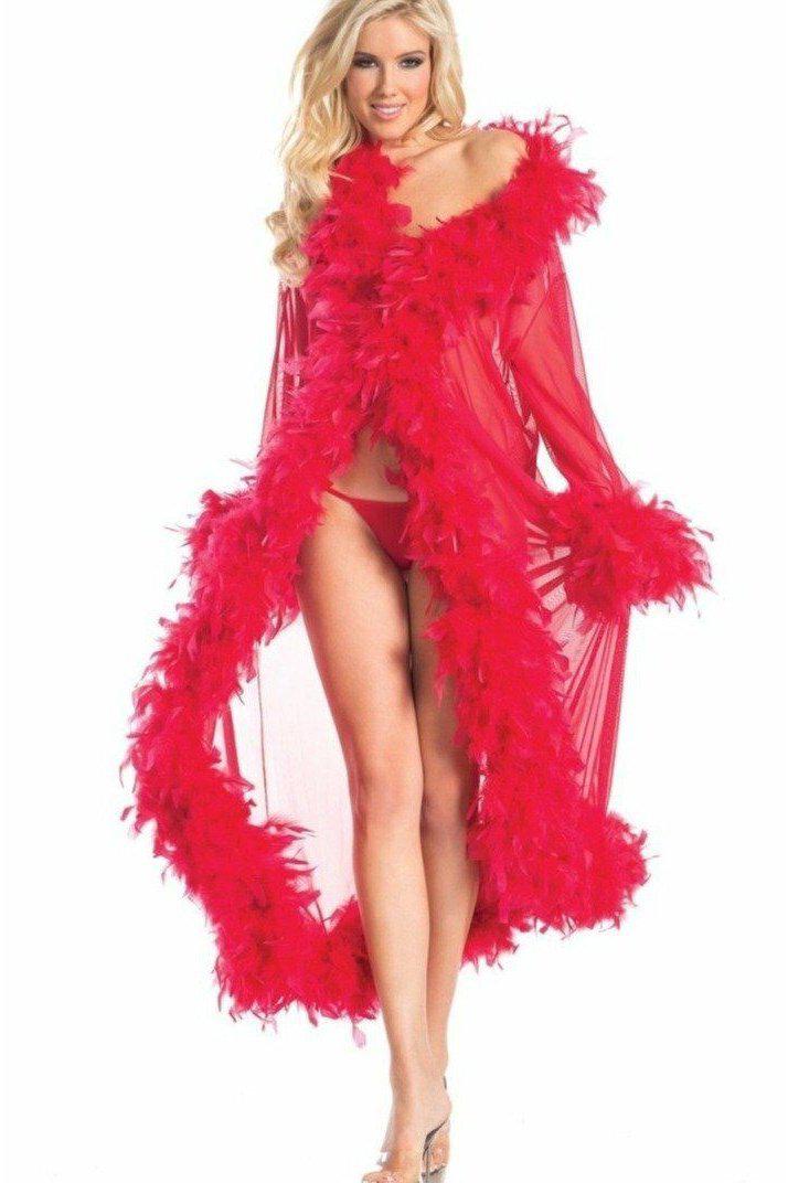 Feather Trimmed Full Length Robe-Robes-BeWicked-Red-O/S-SEXYSHOES.COM