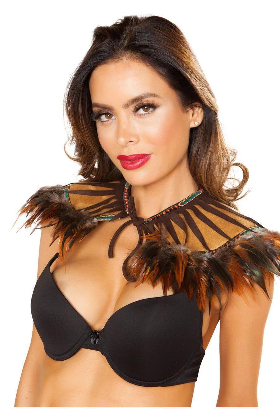 Roma Costumes Feather trimmed Native Indian Style Neck piece with beads in Brown  from SexyShoes.com