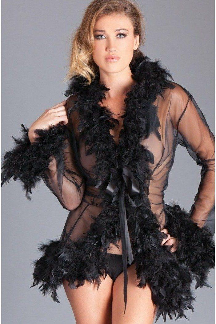 Feather Trimmed Sheer Robe-Robes-BeWicked-Black-O/S-SEXYSHOES.COM