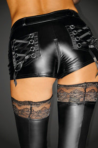 Noir Handmade Fetish Shorts with Zippers and Lace Pockets in Black Faux Leather