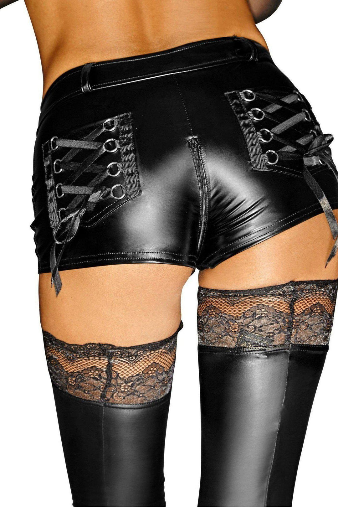 Noir Handmade Fetish Shorts with Zippers and Lace Pockets in Black Faux Leather