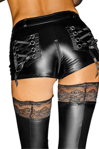 Noir Handmade Fetish Shorts with Zippers and Lace Pockets in Black Faux Leather