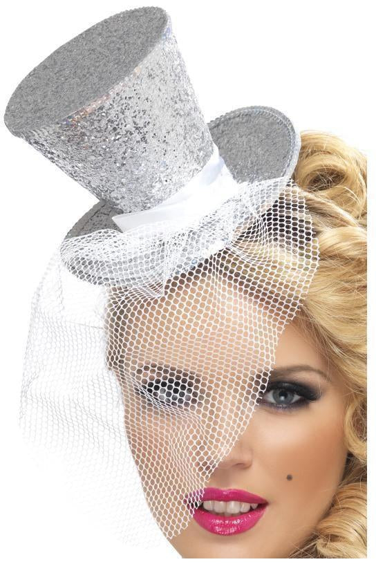 Fever Mini Top Hat on Headband | Silver-Fever-Silver-Costume Hats-SEXYSHOES.COM