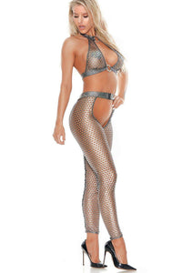 Bodyshotz Fishnet Halter Top and Pants in Pewter  from SexyShoes.com