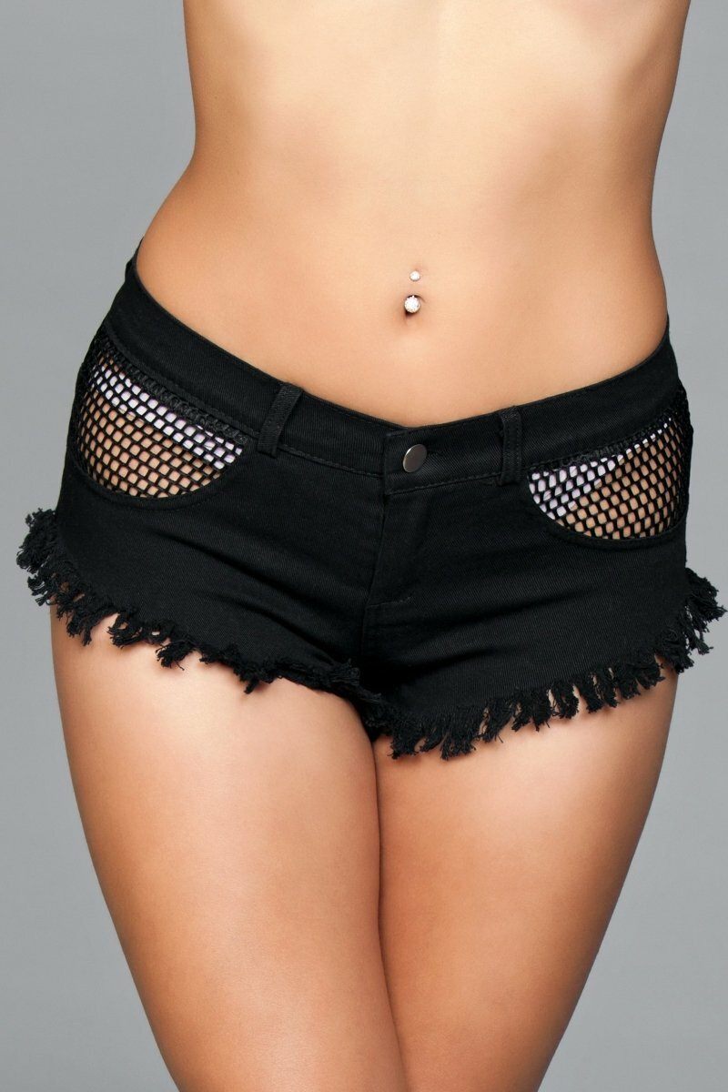 Fishnet Trim Denim Shorts-Denim Shorts-BeWicked-Black-S-SEXYSHOES.COM