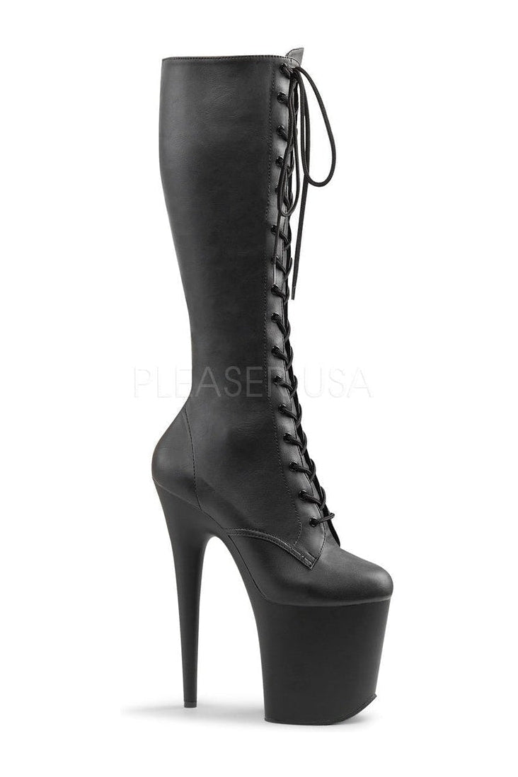 FLAMINGO-2023 Platform Boot | Black Faux Leather-Pleaser-Black-Knee Boots-SEXYSHOES.COM