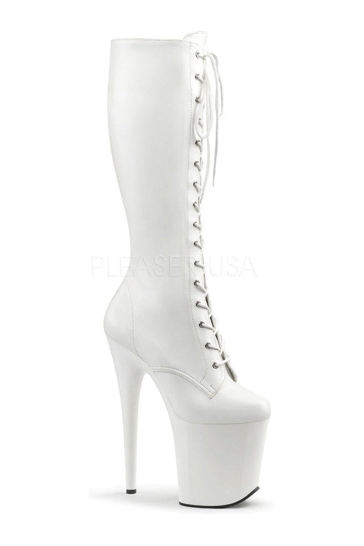 FLAMINGO-2023 Platform Boot | White Faux Leather-Pleaser-White-Knee Boots-SEXYSHOES.COM