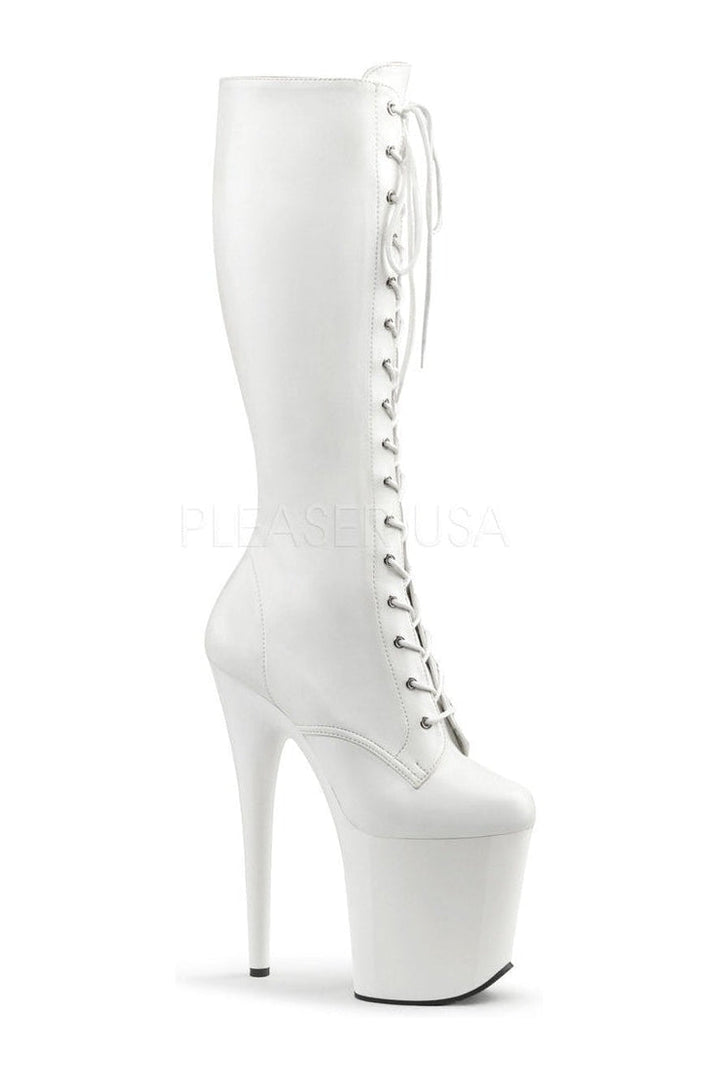 FLAMINGO-2023 Platform Boot | White Faux Leather-Pleaser-White-Knee Boots-SEXYSHOES.COM