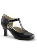 FLAPPER-26 T-Strap | Black Faux Leather