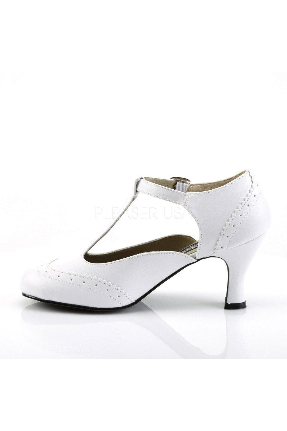FLAPPER-26 T-Strap | White Faux Leather-Funtasma-Mary Janes-SEXYSHOES.COM
