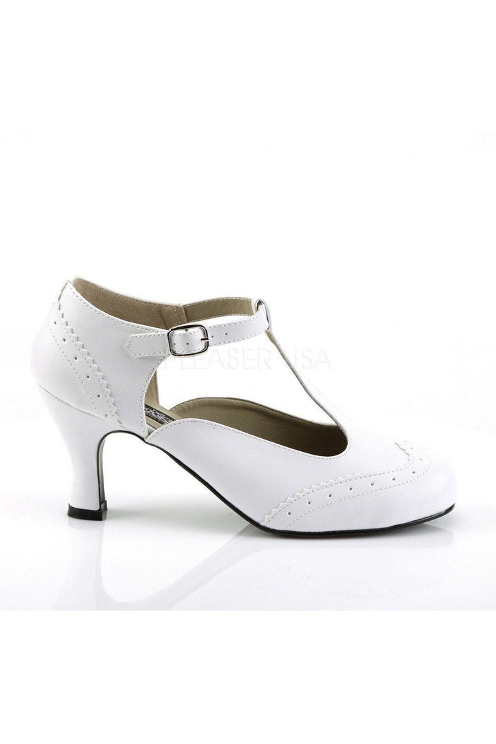 FLAPPER-26 T-Strap | White Faux Leather-Funtasma-Mary Janes-SEXYSHOES.COM