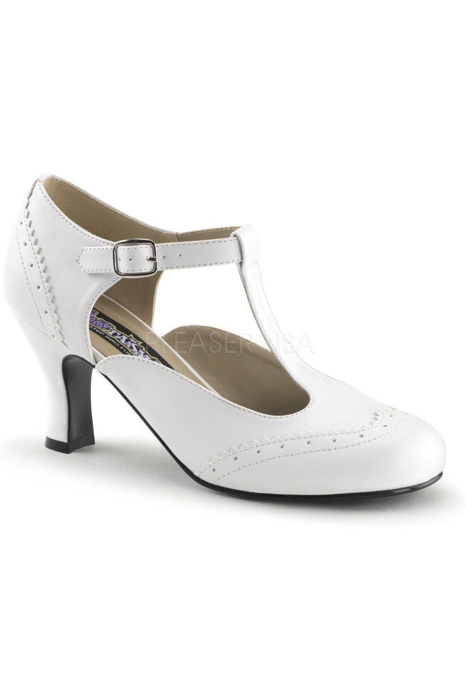 Funtasma FLAPPER-26 T-Strap in White Faux Leather from SexyShoes.com