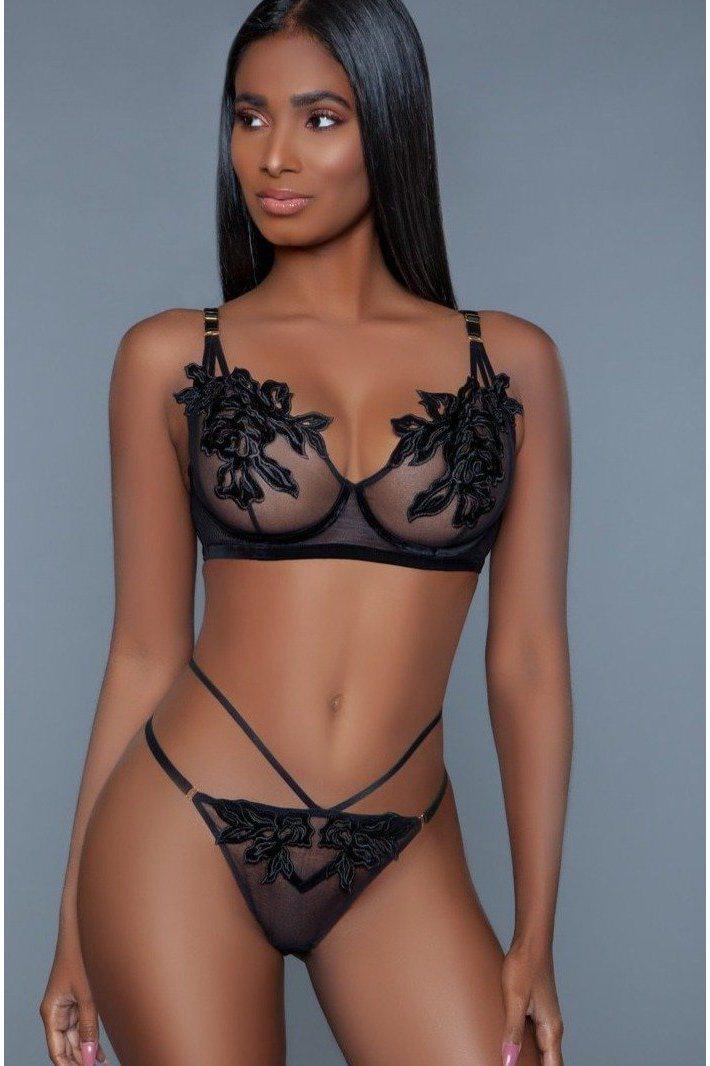 Floral Applique Mesh Bra Set-Lingerie Sets-BeWicked-Black-S/M-SEXYSHOES.COM