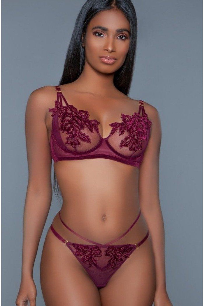 Floral Applique Mesh Bra Set-Lingerie Sets-BeWicked-Burgundy-S/M-SEXYSHOES.COM