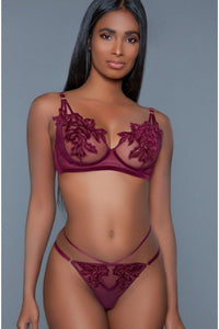 Floral Applique Mesh Bra Set-Lingerie Sets-BeWicked-Burgundy-S/M-SEXYSHOES.COM