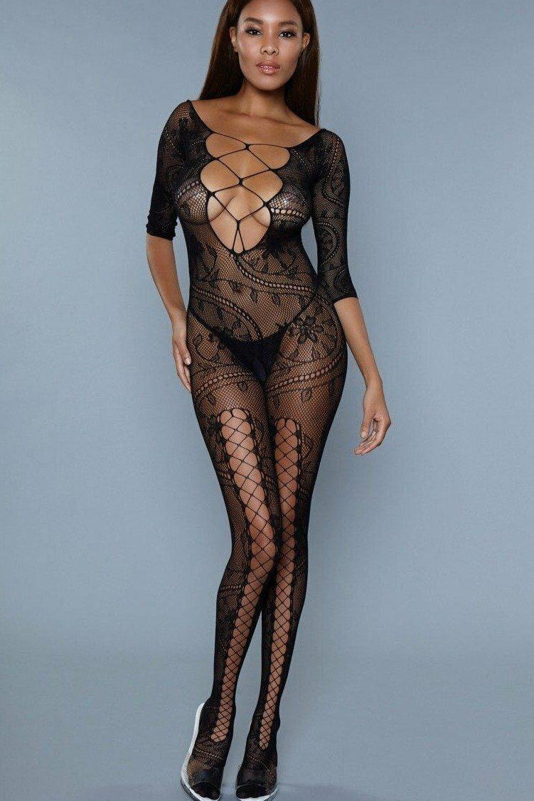 Floral Design Bodystocking-Bodystockings-BeWicked-Black-O/S-SEXYSHOES.COM