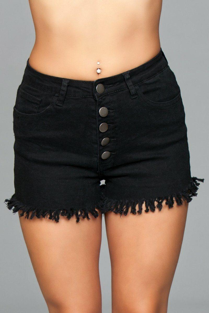 Fringed Denim Shorts-Denim Shorts-BeWicked-Black-S-SEXYSHOES.COM