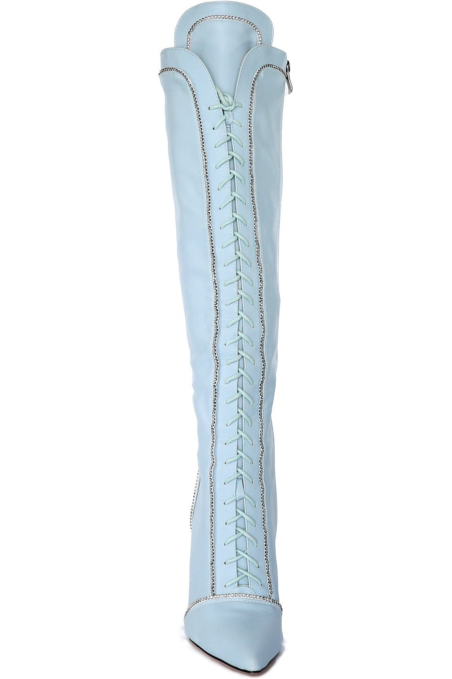 Azalea Wang Lace Up Rhinestone Knee boot in Blue Faux Leather