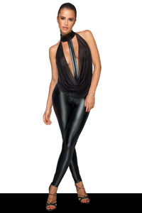 Noir Handmade Full Bodysuit with Tulle Top and Wetlook Bottom in Black Tulle / Wetlook