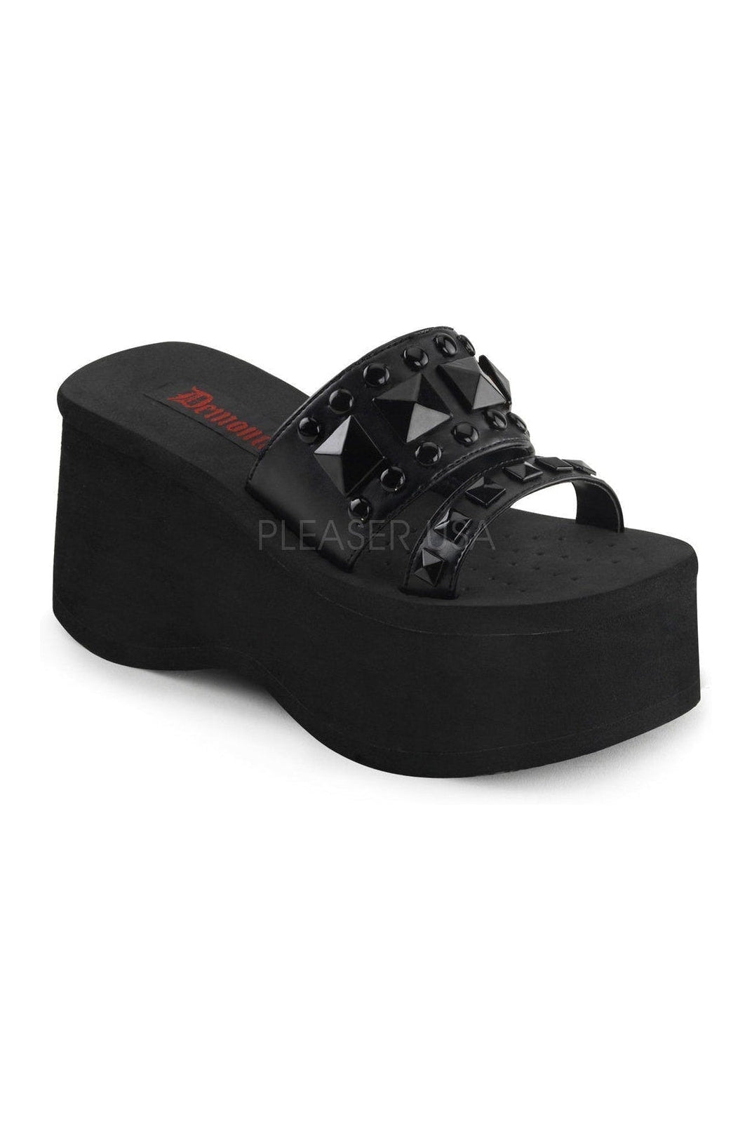 FUNN-18 Demonia Sandal | Black Faux Leather-Demonia-Black-Slides-SEXYSHOES.COM