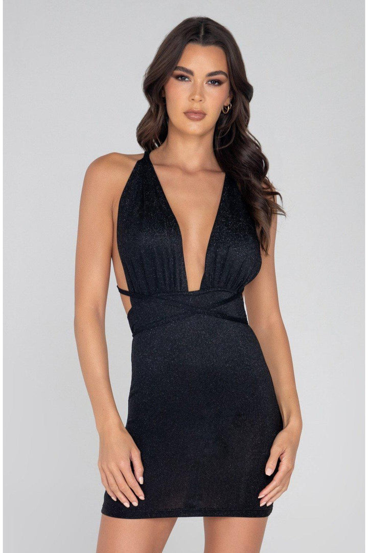 Glitter Cocktail Dress with Criss-Cross Strap-Club Dresses-Roma Confidential-Black-L-SEXYSHOES.COM
