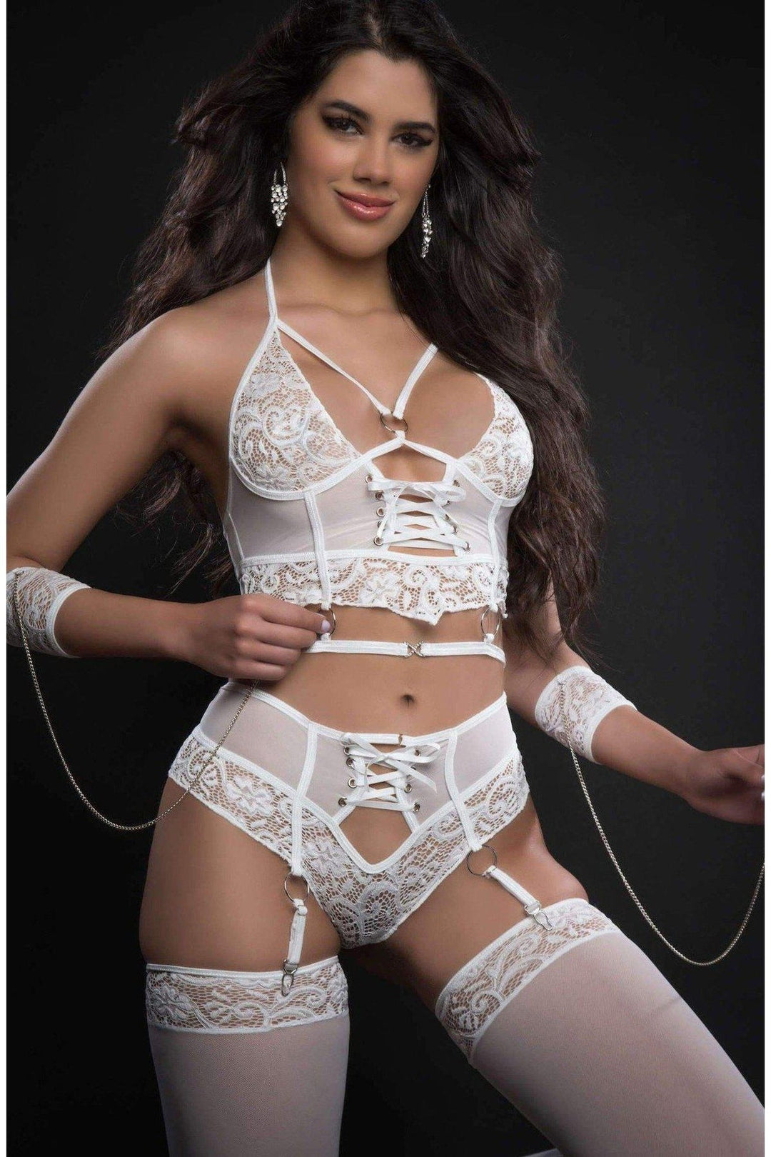 Halter Bustier Set with Stockings-Lingerie Sets-G World-White-O/S-SEXYSHOES.COM