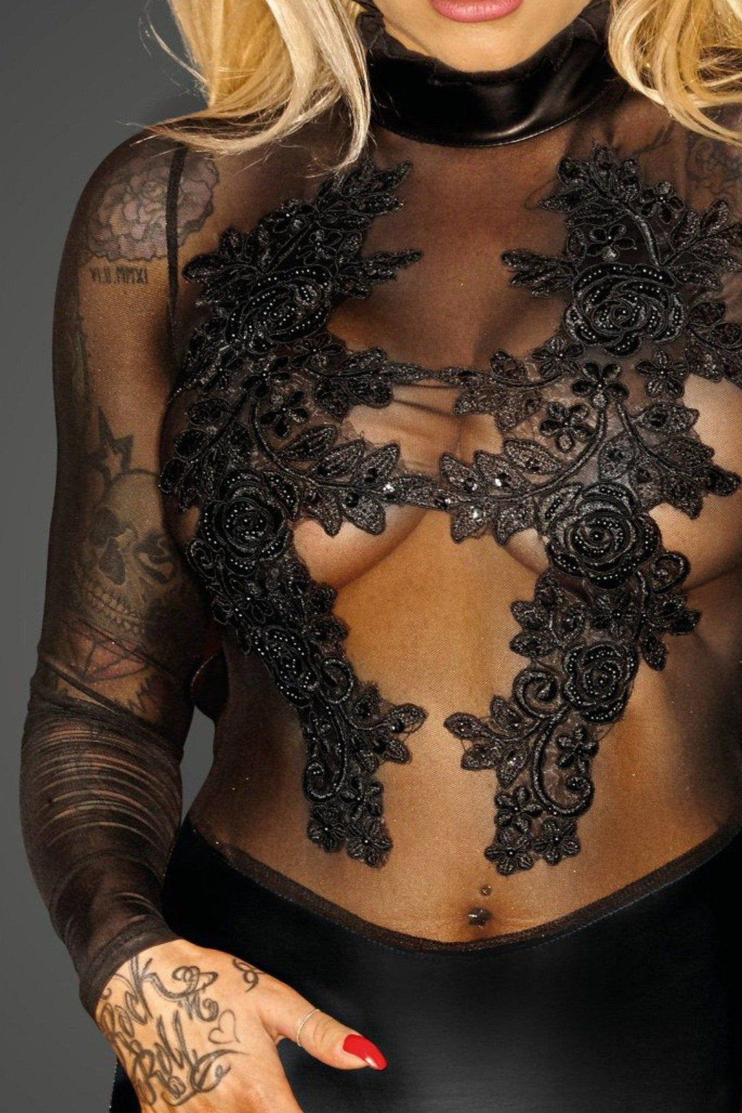 Noir Handmade Hand Crafted Beaded Tull Mini Dress in Black Faux Leather