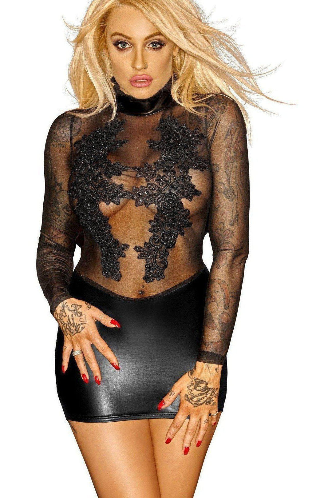 Noir Handmade Hand Crafted Beaded Tull Mini Dress in Black Faux Leather