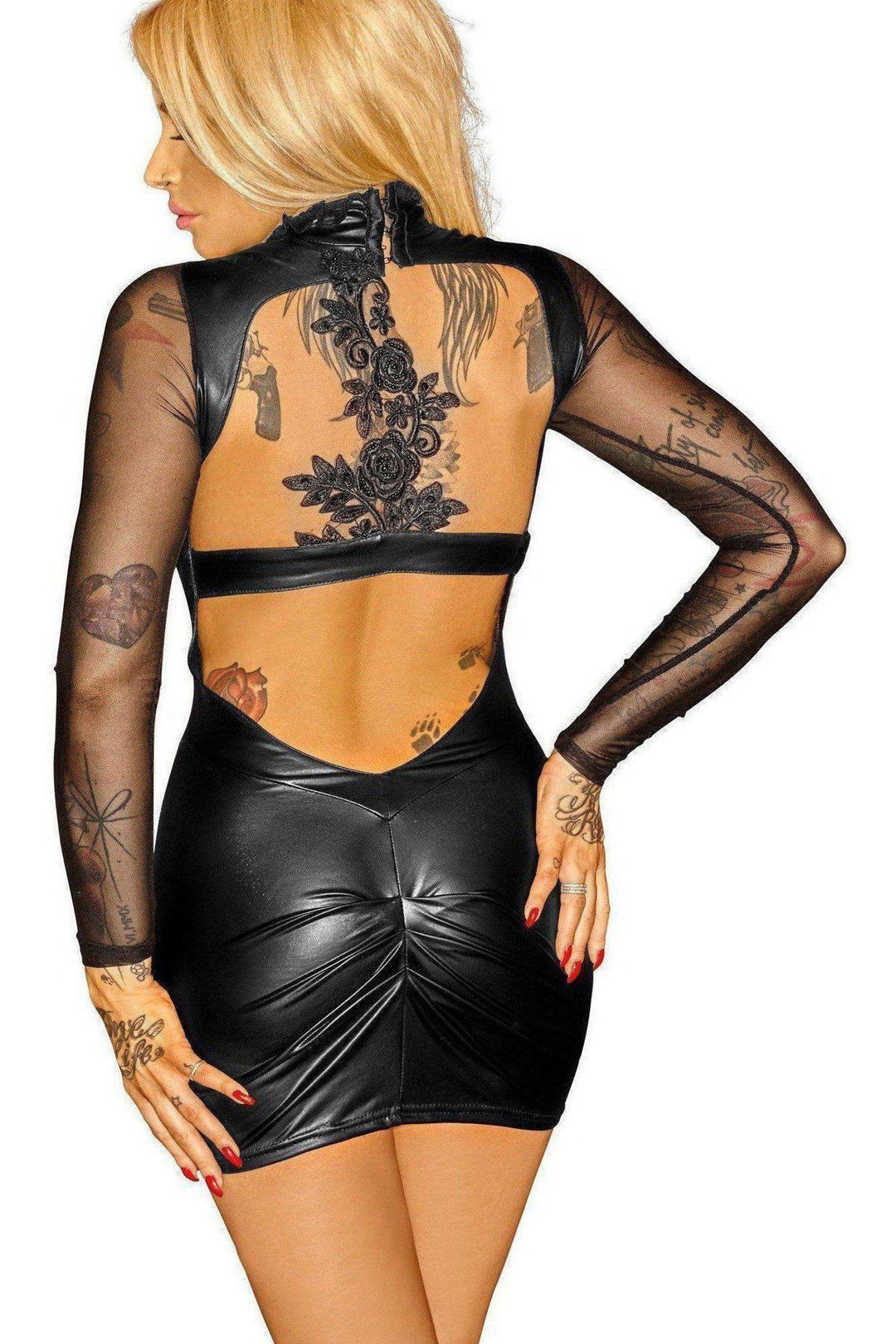 Noir Handmade Hand Crafted Beaded Tull Mini Dress in Black Faux Leather