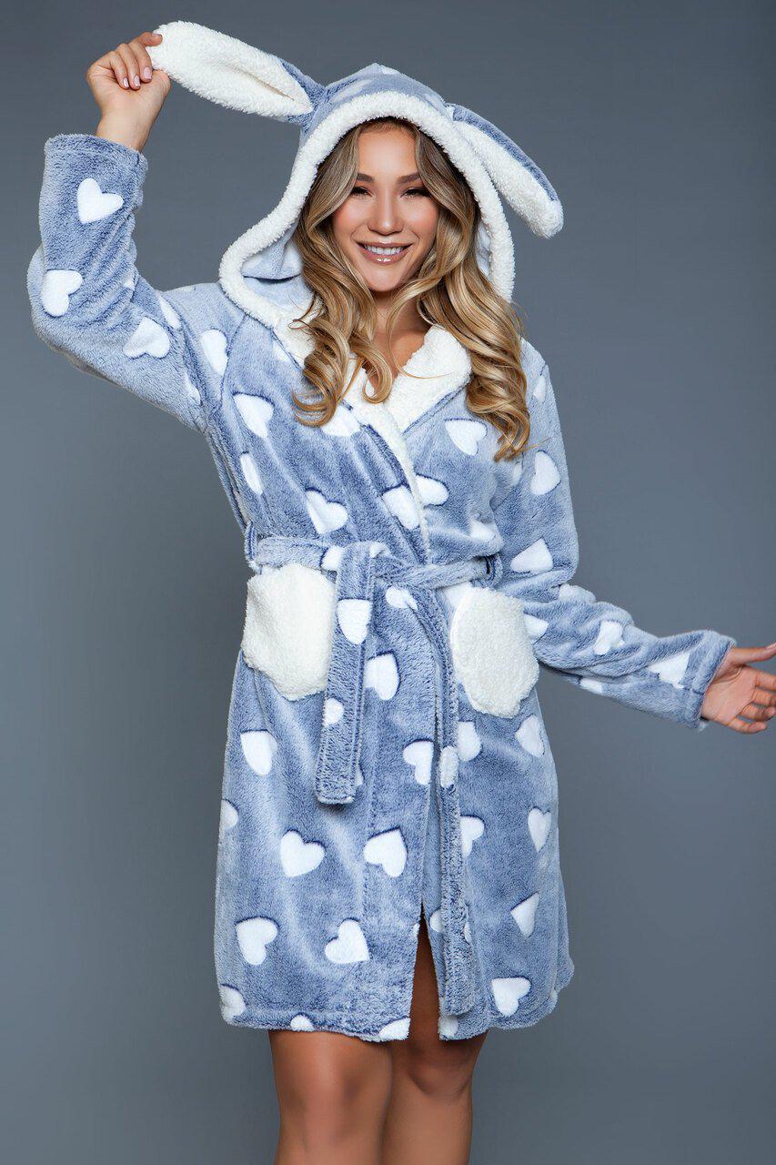 BeWicked Heart Print Hooded Flannel Robe in Blue  from SexyShoes.com