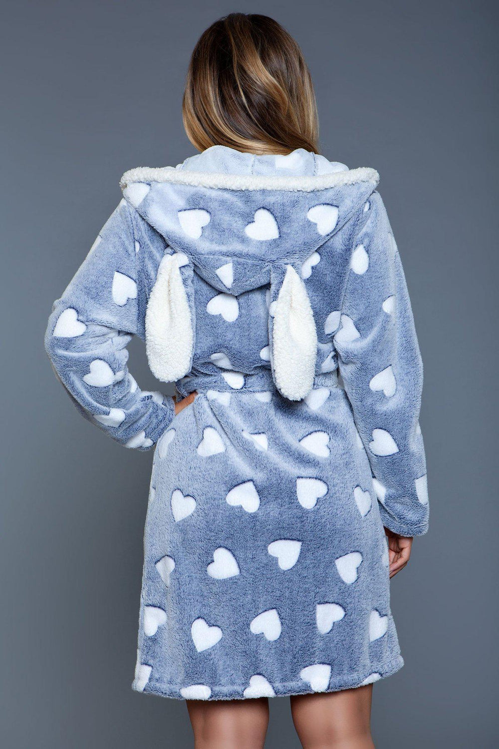 BeWicked Heart Print Hooded Flannel Robe in Blue 