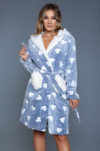 Heart Print Hooded Flannel Robe-Gowns + Robes-BeWicked-SEXYSHOES.COM