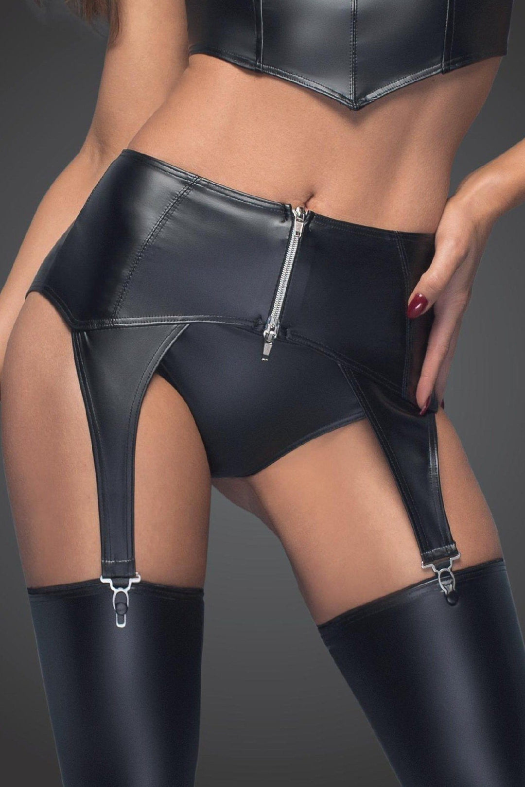 Noir Handmade High Waist Garter Belt with 2 Way Zipper in Black Wetlook from SexyShoes.com