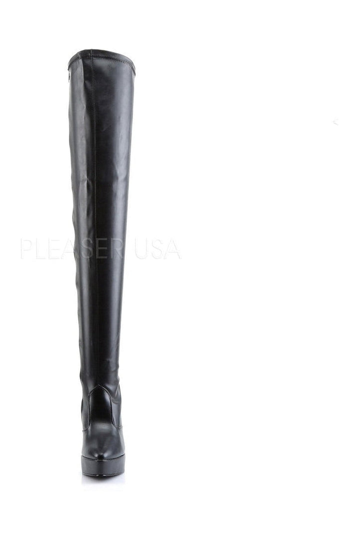 INDULGE-3000 Thigh Boot | Black Faux Leather-Devious-Thigh Boots-SEXYSHOES.COM