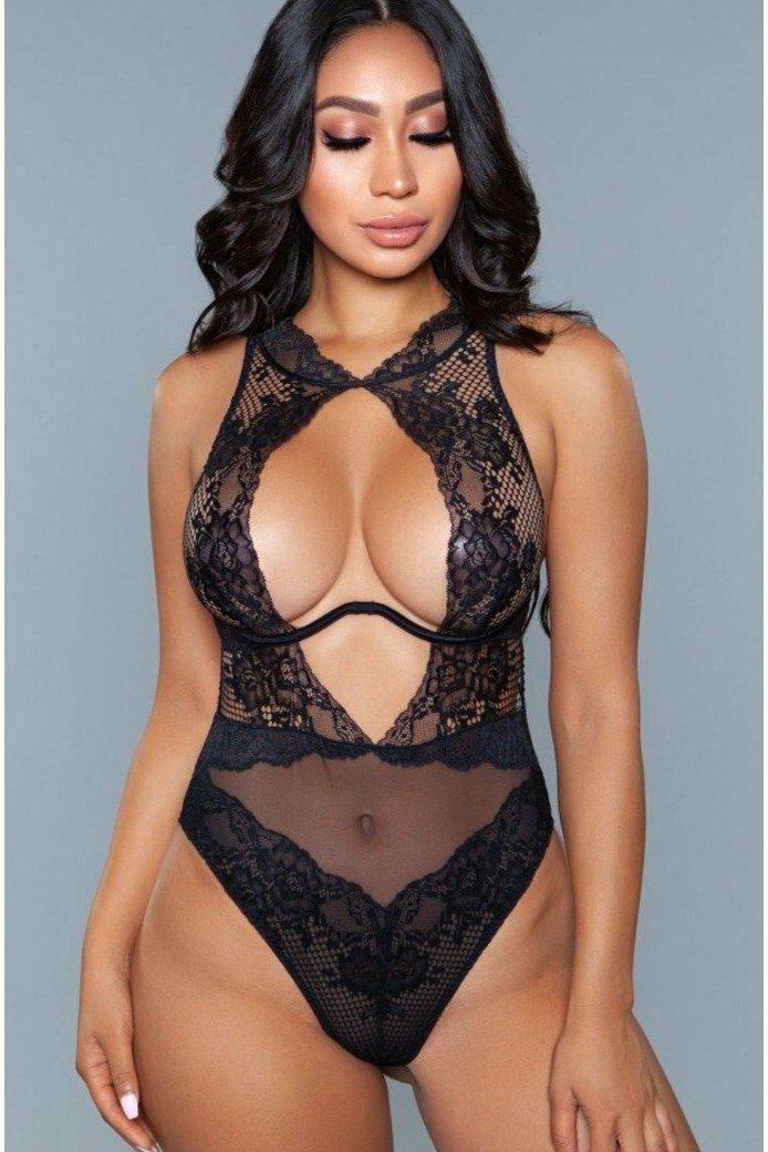 Lace and Mesh Underwire Bodysuit-Bodysuits-BeWicked-Black-S-SEXYSHOES.COM