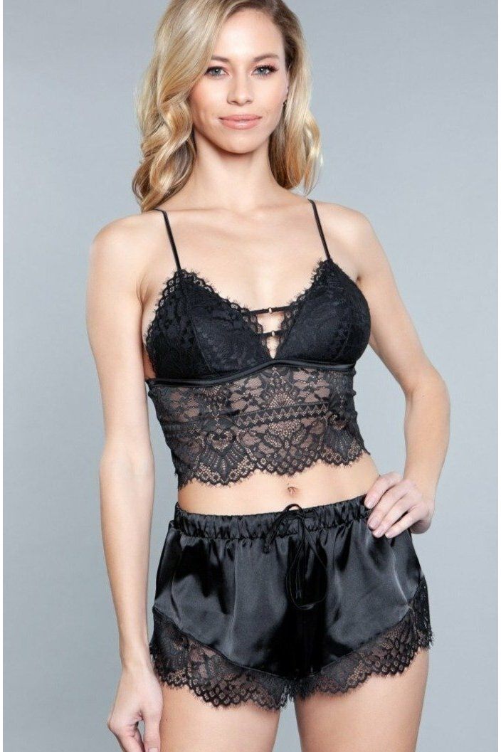 Lace and Satin Crop Top Set-Lingerie Sets-BeWicked-Black-S-SEXYSHOES.COM