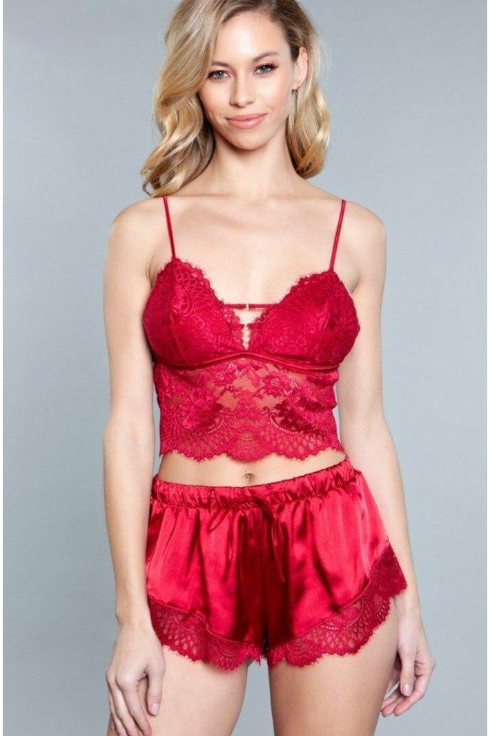 Lace and Satin Crop Top Set-Lingerie Sets-BeWicked-Red-S-SEXYSHOES.COM