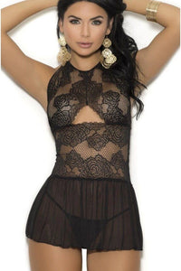 Elegant Moments Lace Babydoll With Keyhole Front And Matching G String in Black  from SexyShoes.com