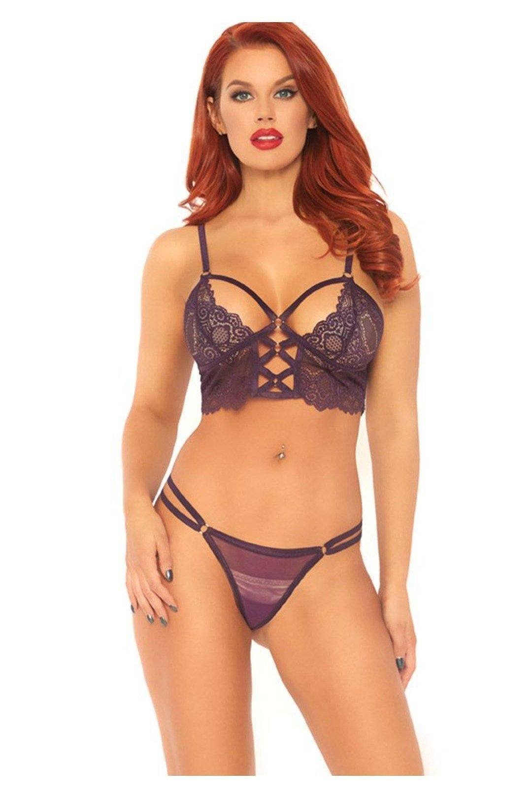 Leg Avenue Lace Bralette Cage Strap Bodice Styled & G String Set in Purple  from SexyShoes.com