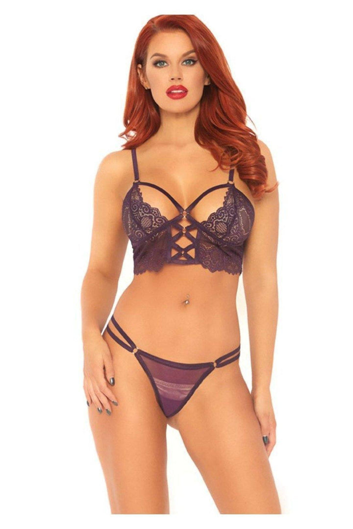 Leg Avenue Lace Bralette Cage Strap Bodice Styled & G String Set in Purple  from SexyShoes.com