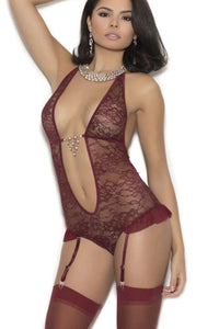 Elegant Moments Lace Halter Style Teddy With Deep V Neckline And Detachable Garters in Burgundy  from SexyShoes.com