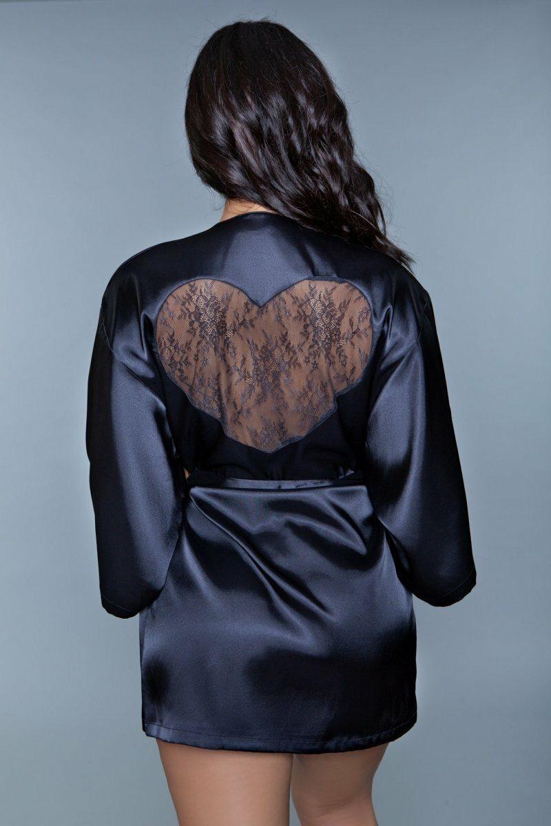 BeWicked Lace Heart Satin Robe in Black 