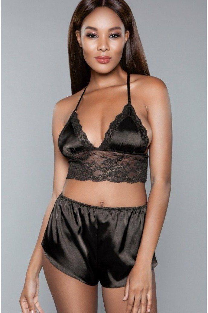 Lace Trim Satin Cami Set-Lingerie Sets-BeWicked-Black-S-SEXYSHOES.COM