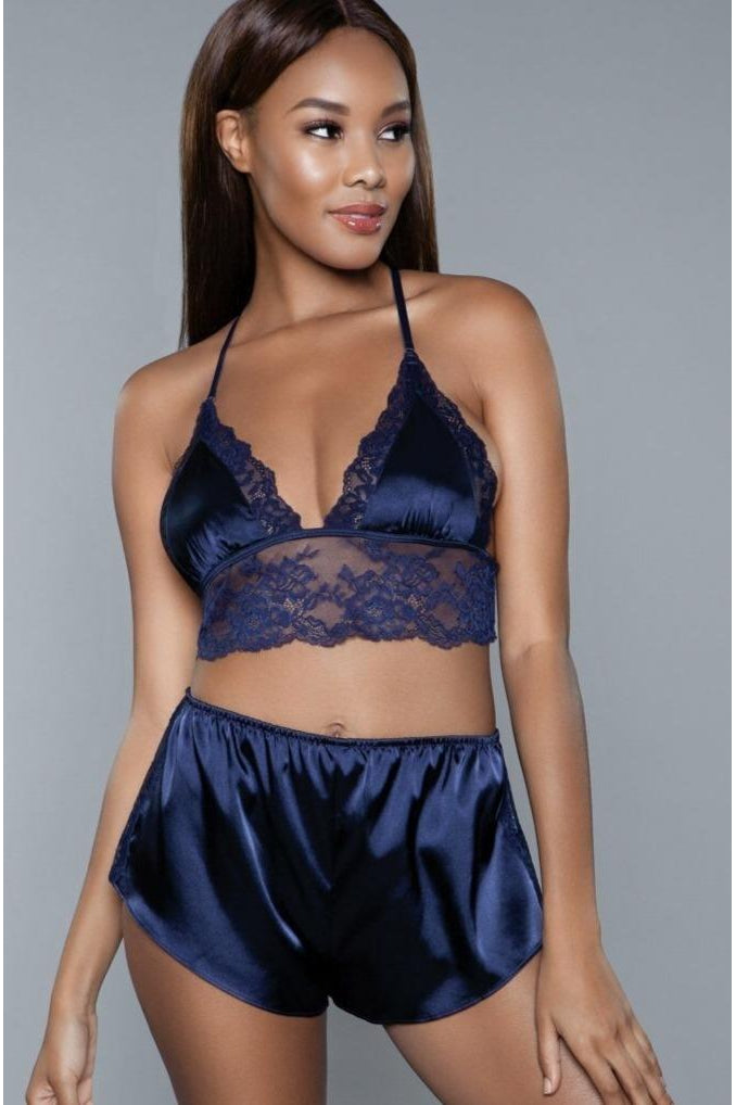 BeWicked Lace Trim Satin Cami Set in Blue  from SexyShoes.com