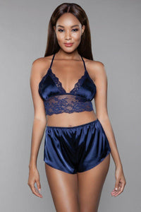 BeWicked Lace Trim Satin Cami Set in Blue 