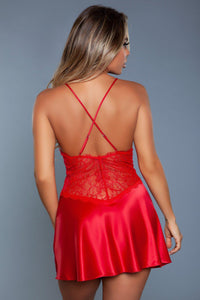 BeWicked Lace Trimmed Satin Chemise in Red 