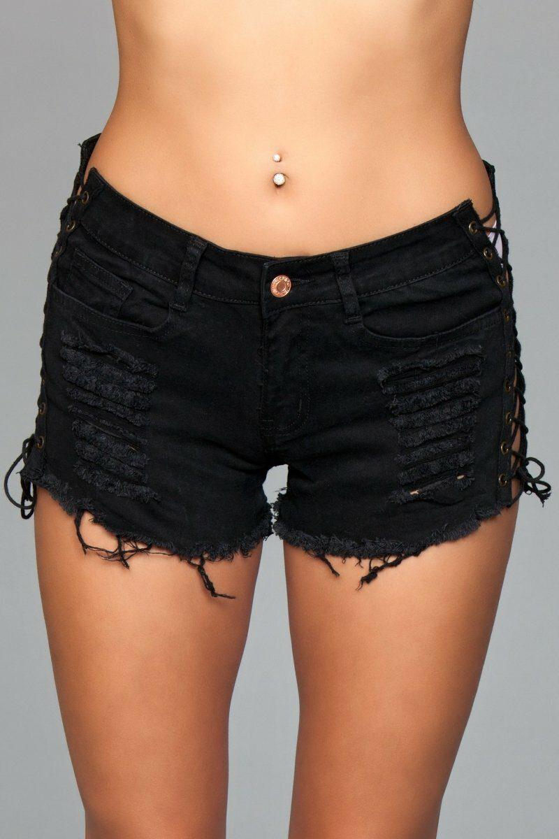 Lace Up Side Denim Shorts-Denim Shorts-BeWicked-Black-S-SEXYSHOES.COM