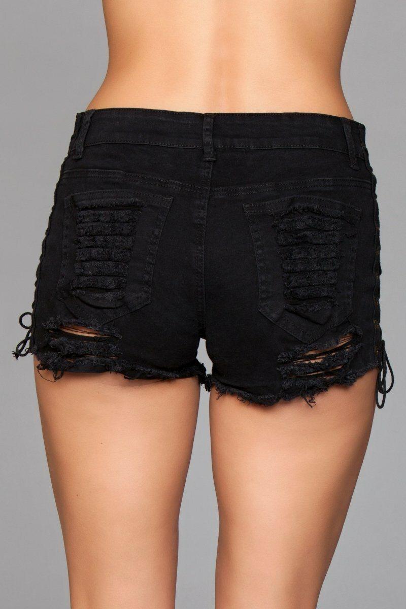 Lace Up Side Denim Shorts-Denim Shorts-BeWicked-SEXYSHOES.COM