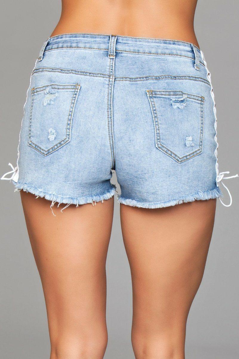 Lace Up Side Denim Shorts-Denim Shorts-BeWicked-SEXYSHOES.COM