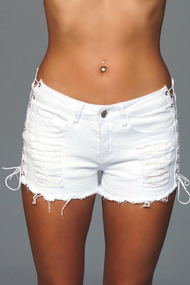 Lace Up Side Denim Shorts-Denim Shorts-BeWicked-White-S-SEXYSHOES.COM